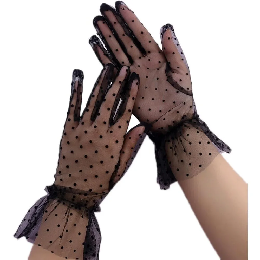 Women's Vintage Black Dots Mesh Tulle Short Lace Gloves Semi Sheer Party Costume